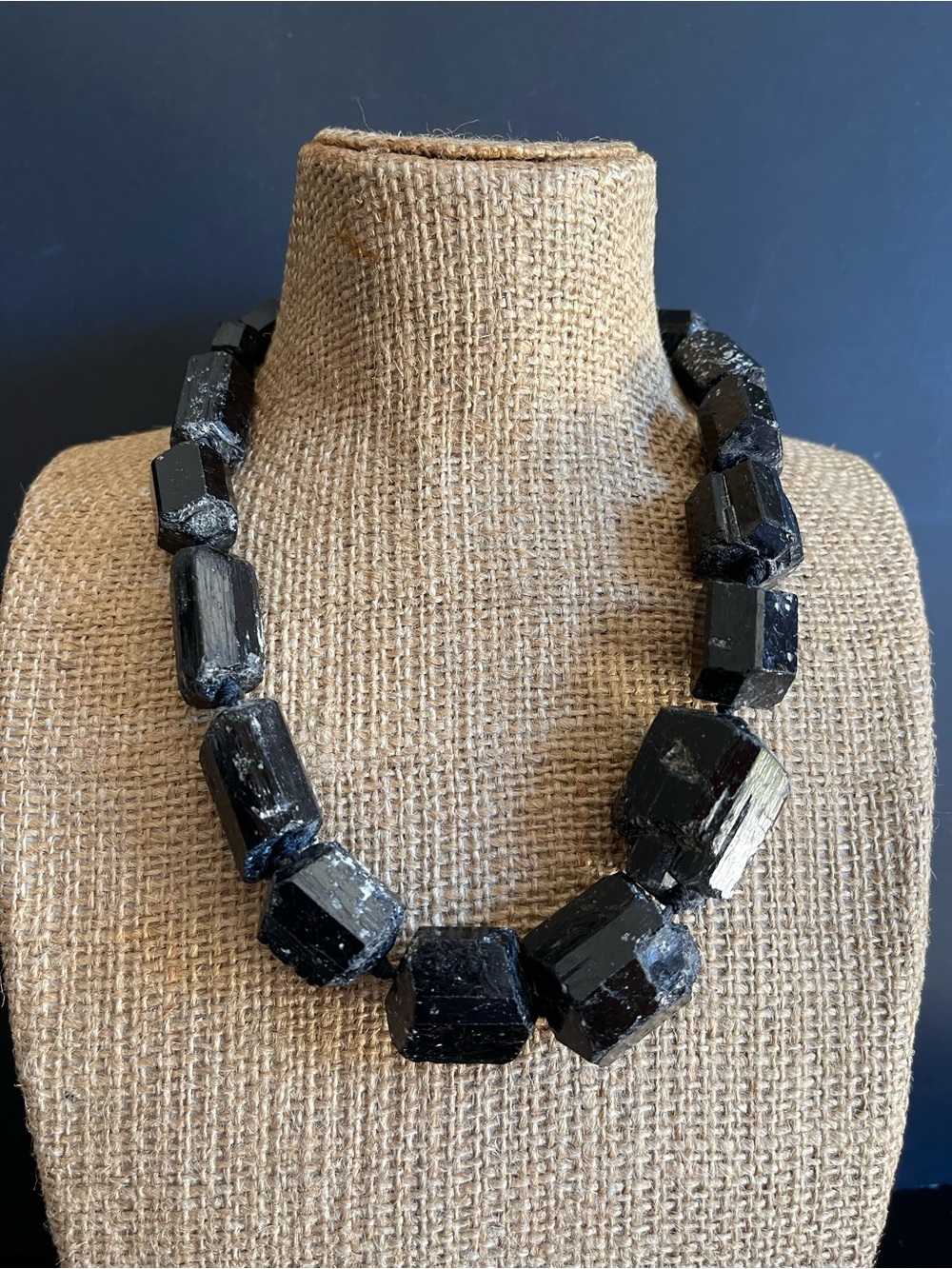 Black Raw Tourmaline Chunk Necklace .